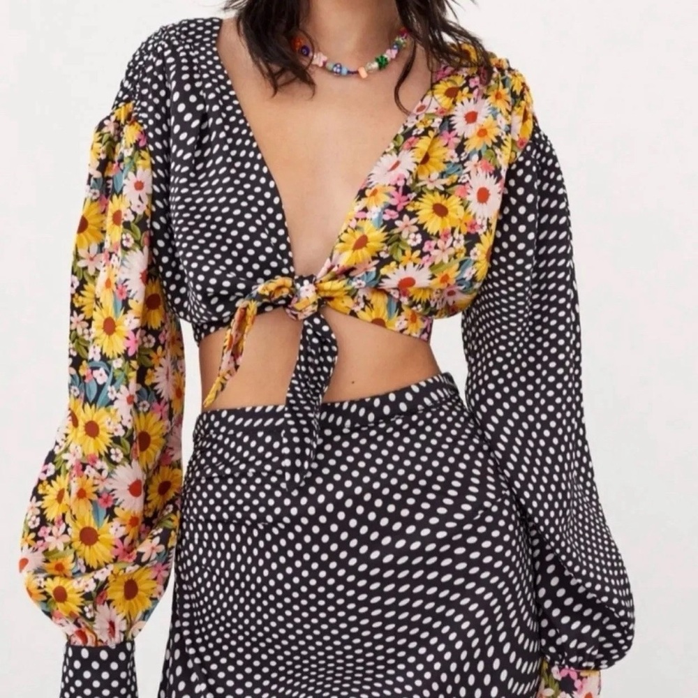 NWT For Love & Lemons Small Cropped Top Long Sleeve Daisy/polka Dot